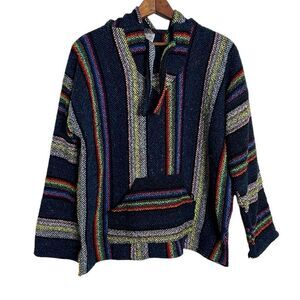 Art Maz Knit Baja Hoodie Mexican Pullover Poncho Sweater Black Yellow Size Large